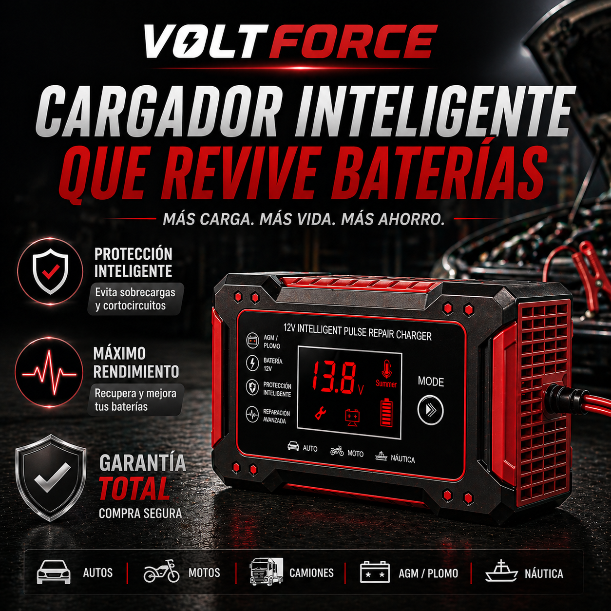 VoltForce™ Pro Cargador Inteligente que Revive Baterías